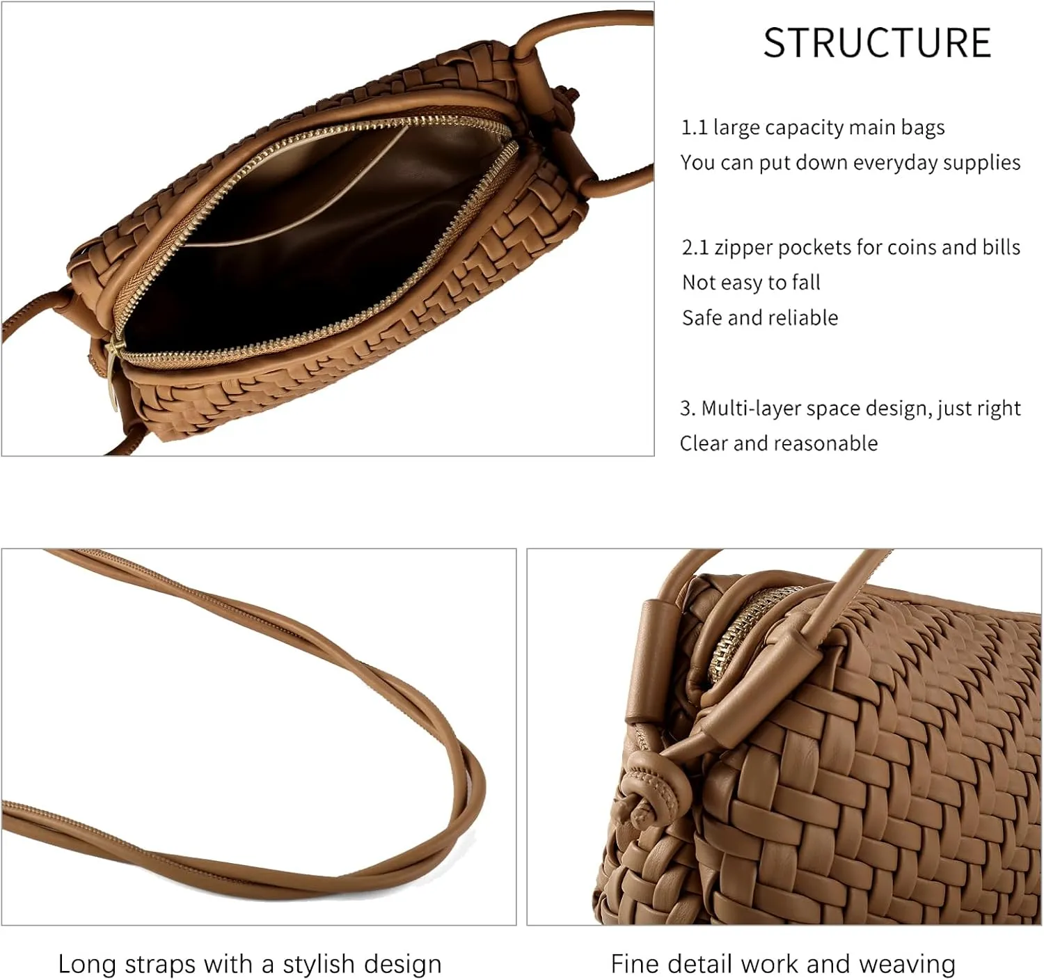 Woven Crossbody Bag Clutch Purse for Women,Small Vegan Leather Handmade Shoulderbag Handbag with Strap,Zipper Closure