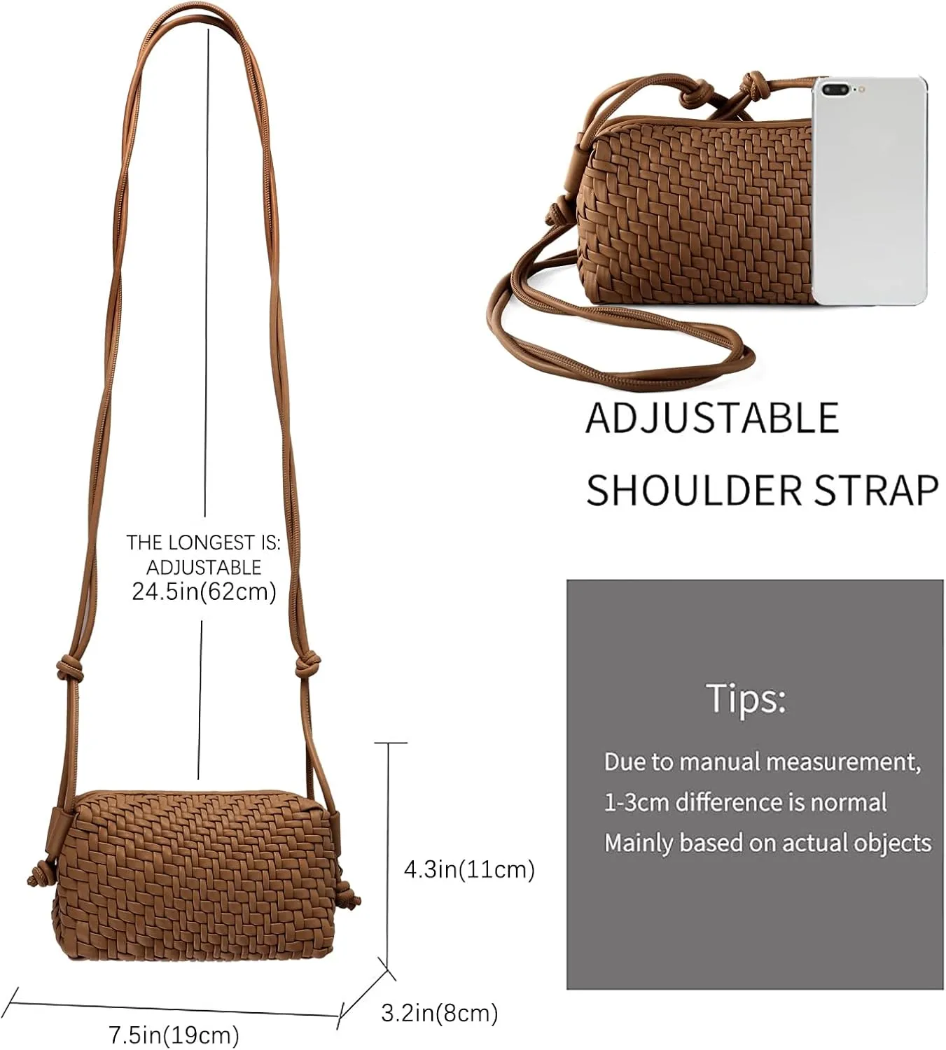 Woven Crossbody Bag Clutch Purse for Women,Small Vegan Leather Handmade Shoulderbag Handbag with Strap,Zipper Closure