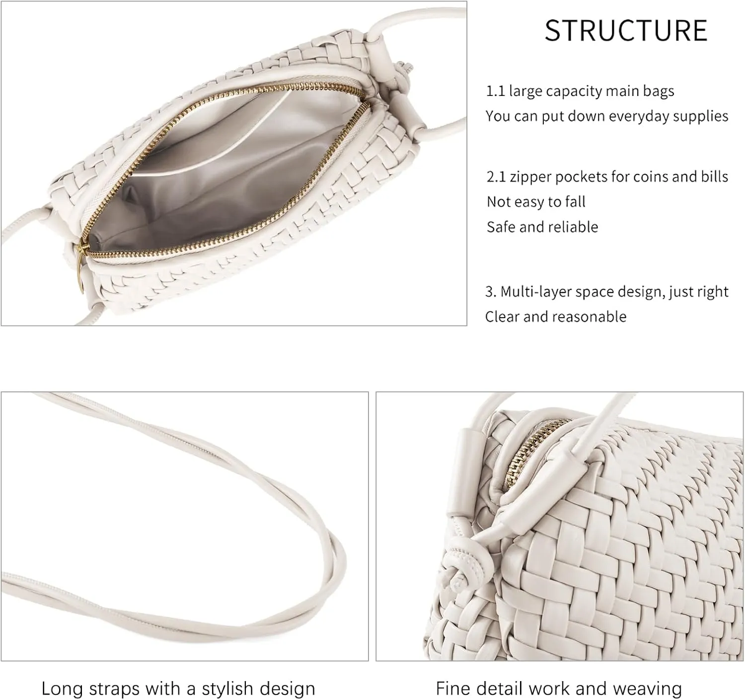Woven Crossbody Bag Clutch Purse for Women,Small Vegan Leather Handmade Shoulderbag Handbag with Strap,Zipper Closure