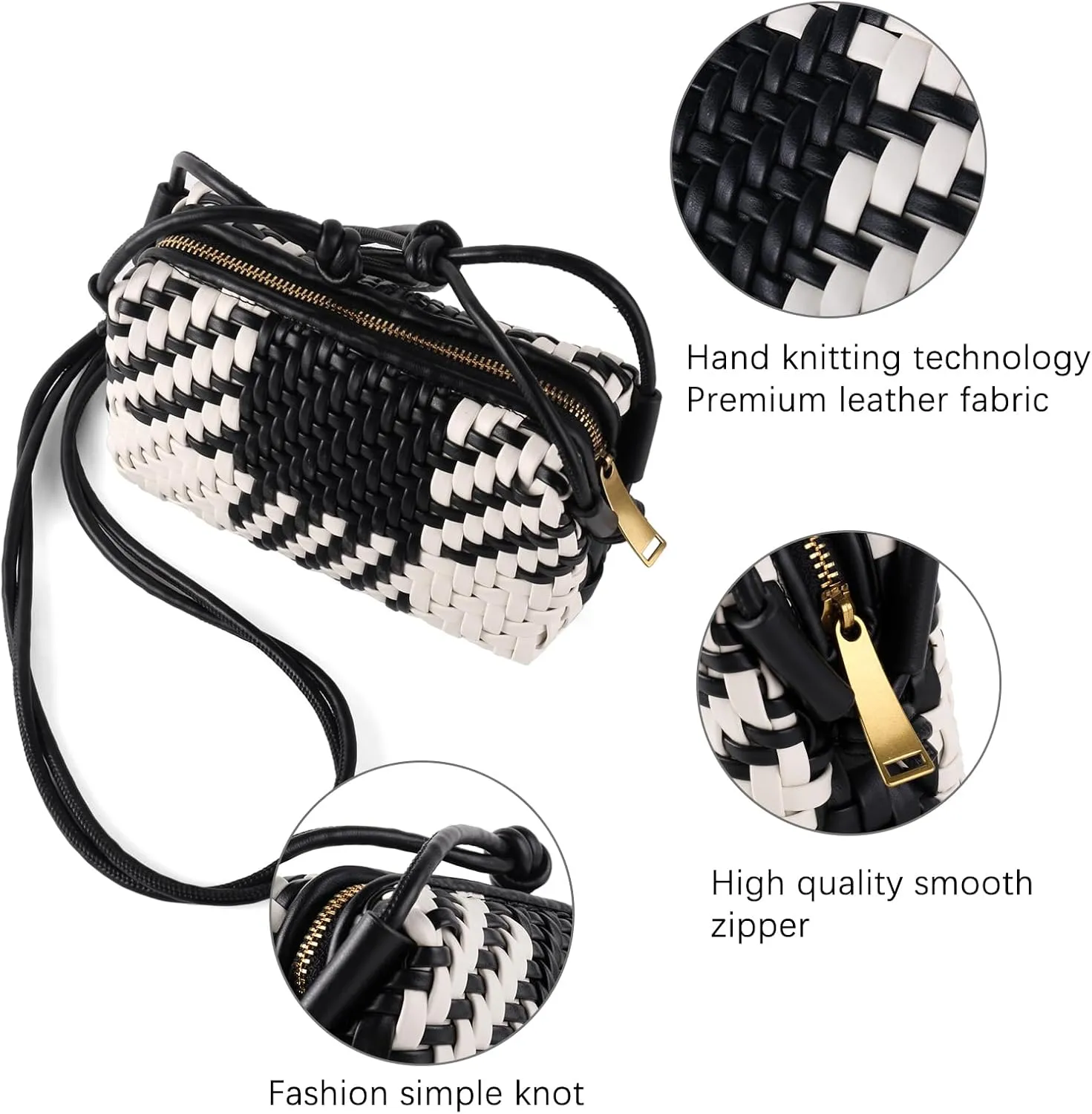 Woven Crossbody Bag Clutch Purse for Women,Small Vegan Leather Handmade Shoulderbag Handbag with Strap,Zipper Closure