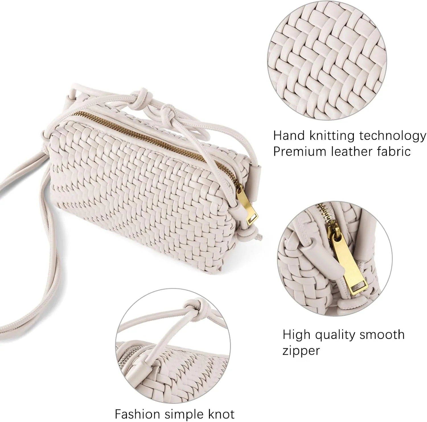 Woven Crossbody Bag Clutch Purse for Women,Small Vegan Leather Handmade Shoulderbag Handbag with Strap,Zipper Closure