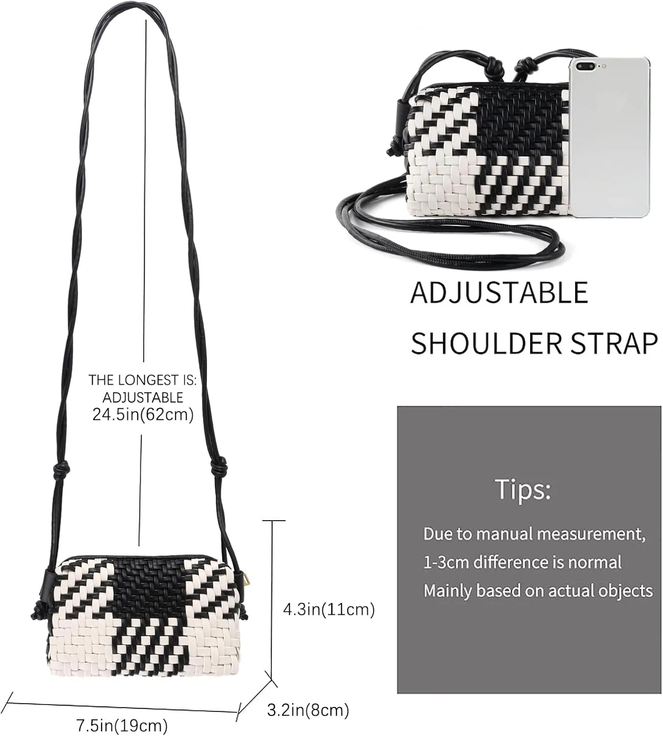 Woven Crossbody Bag Clutch Purse for Women,Small Vegan Leather Handmade Shoulderbag Handbag with Strap,Zipper Closure