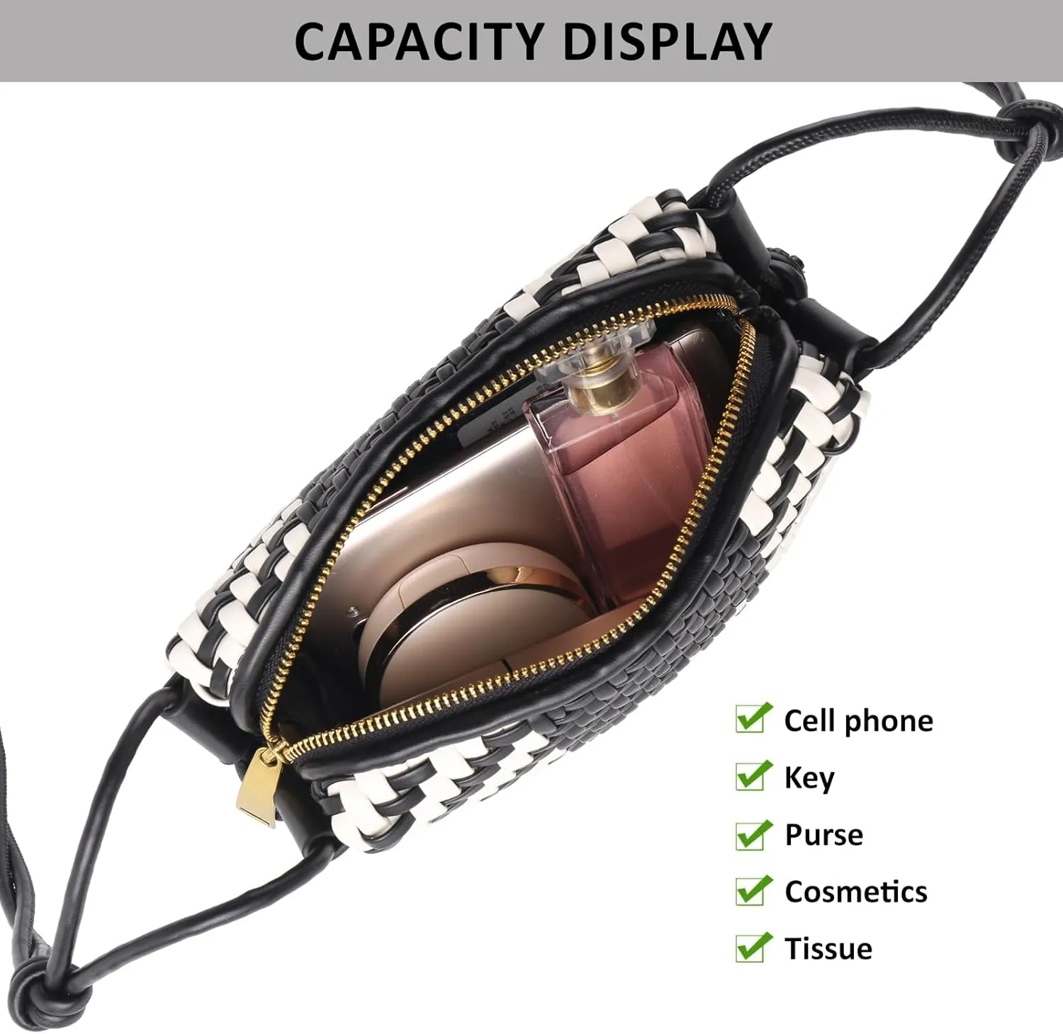 Woven Crossbody Bag Clutch Purse for Women,Small Vegan Leather Handmade Shoulderbag Handbag with Strap,Zipper Closure