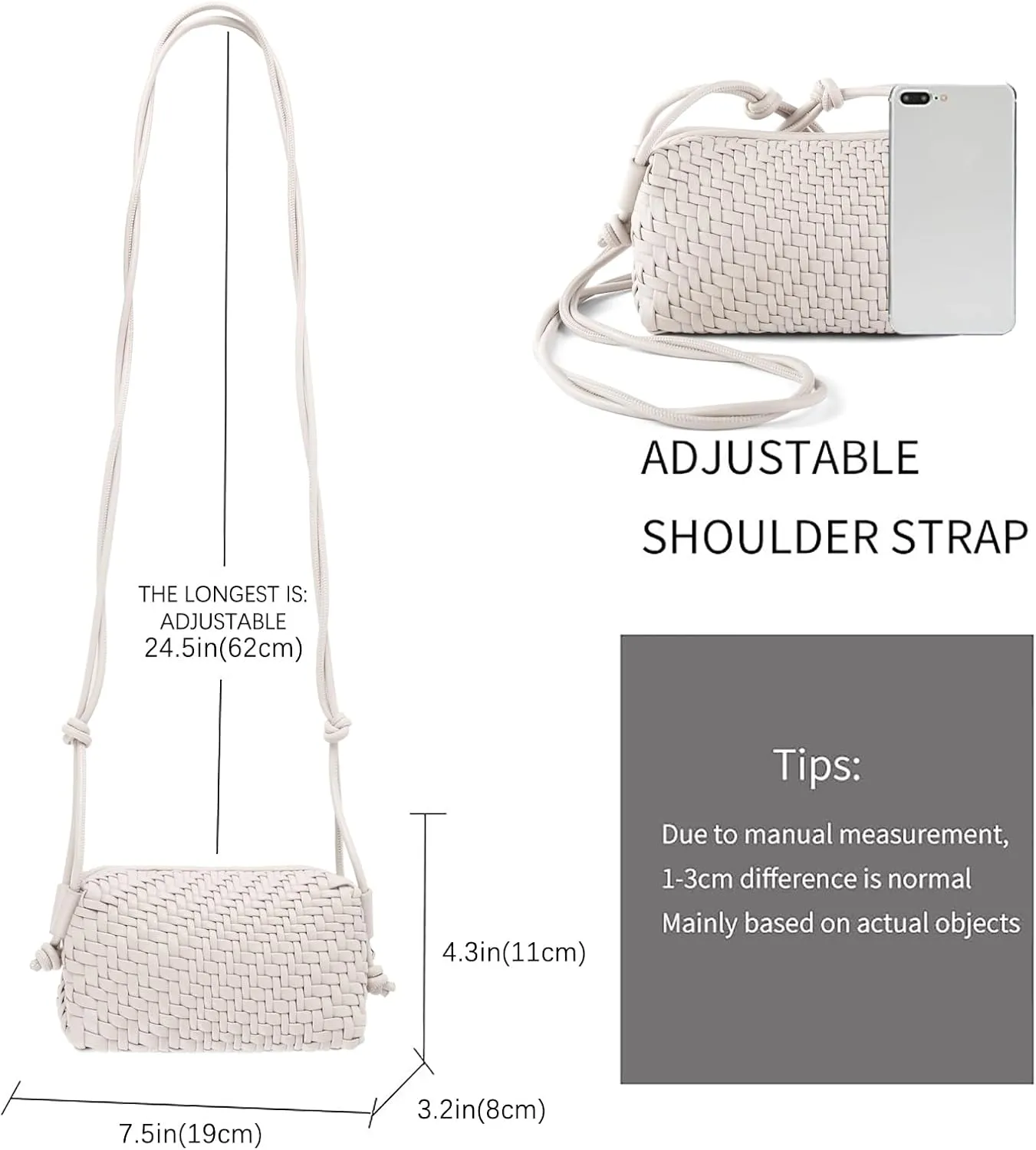 Woven Crossbody Bag Clutch Purse for Women,Small Vegan Leather Handmade Shoulderbag Handbag with Strap,Zipper Closure