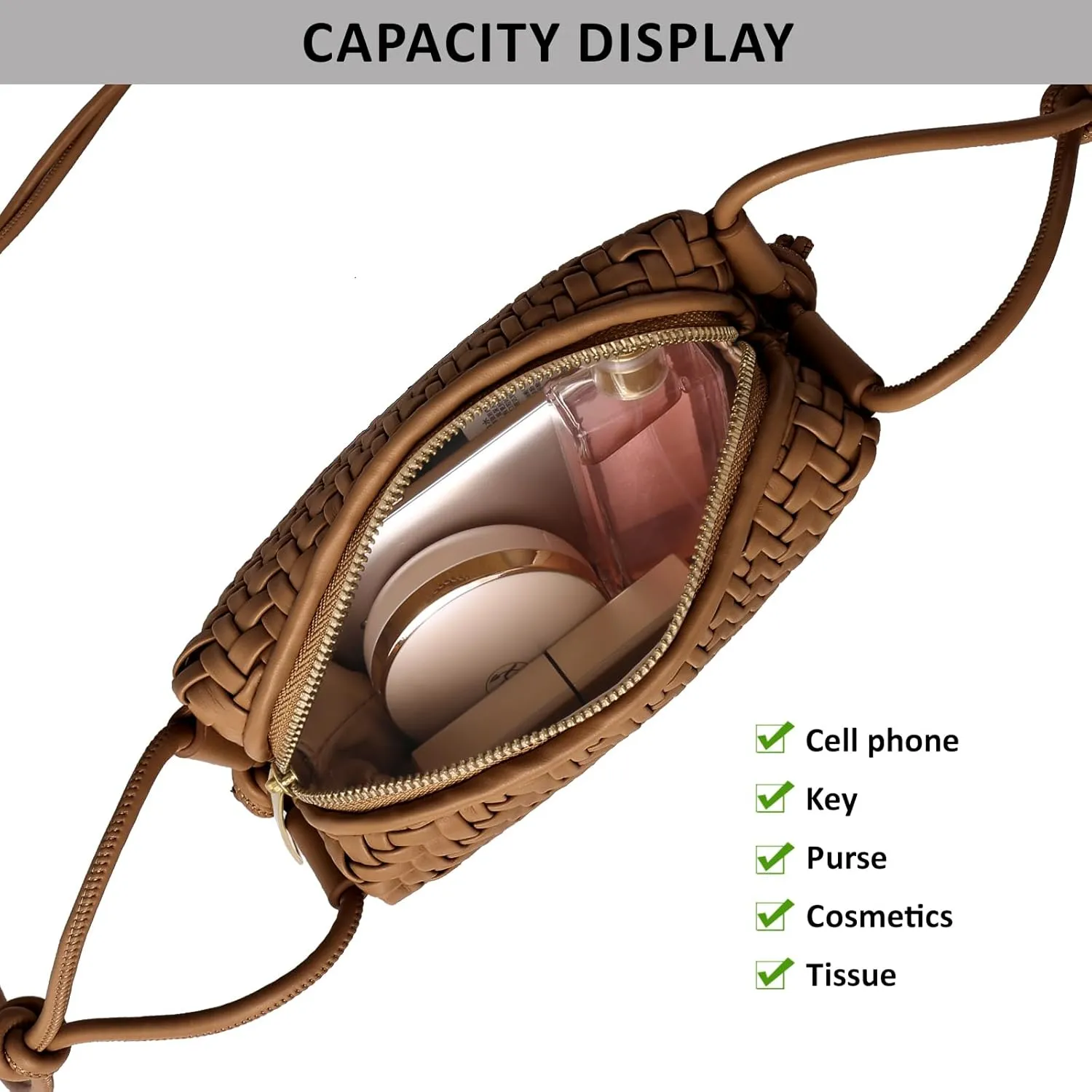 Woven Crossbody Bag Clutch Purse for Women,Small Vegan Leather Handmade Shoulderbag Handbag with Strap,Zipper Closure