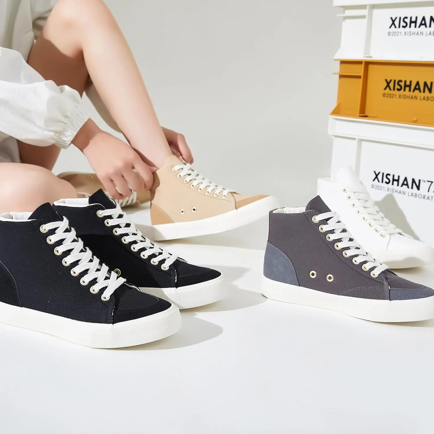 XRH Women's High Top Sneakers Canvas Shoes Black Hi Tops,Non Slip Casual Walking Shoes,White High Tops Sneakers for Women(Comfortableable,Fashion,Lace-up)