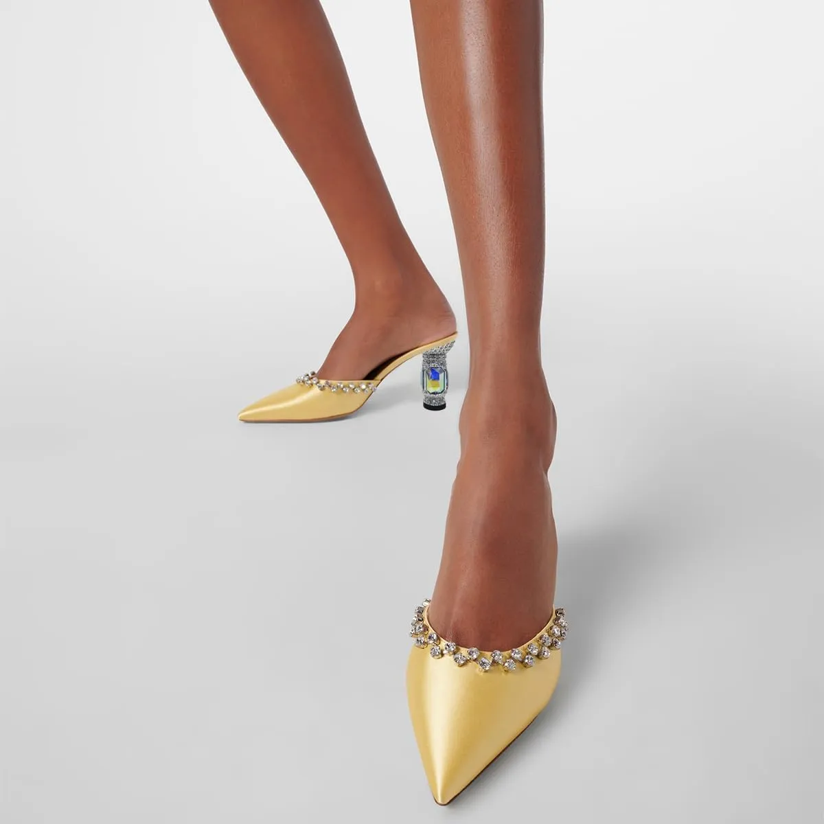 XYD Women Closed Pointed Toe Mules Crystals Studded Block Mid Heels 2.9 Inch Slip Ons Elegant Evening Shoes