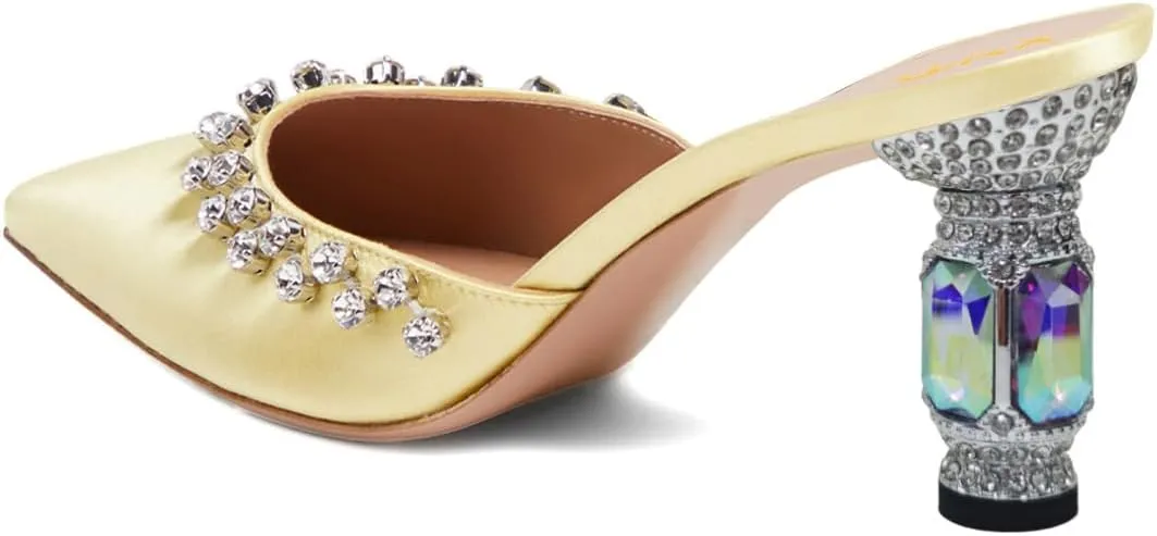 XYD Women Closed Pointed Toe Mules Crystals Studded Block Mid Heels 2.9 Inch Slip Ons Elegant Evening Shoes