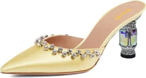 XYD Women Closed Pointed Toe Mules Crystals Studded Block Mid Heels 2.9 Inch Slip Ons Elegant Evening Shoes