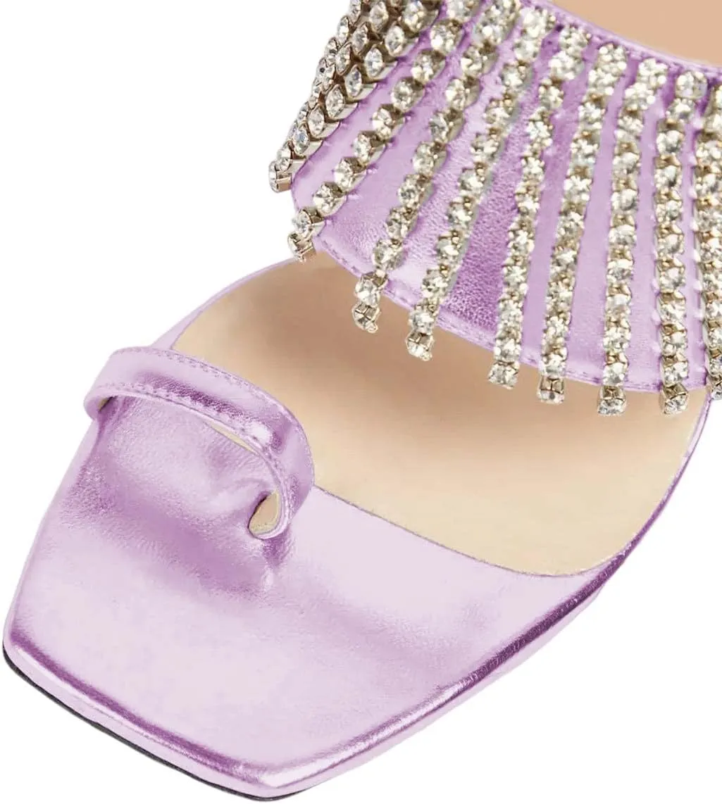 XYD Women Open Toe Rhinestones Tassels Slip On Mule Sandals High Chunky Heel Backless Slide Slippers Evening Party Event Dress Shoes