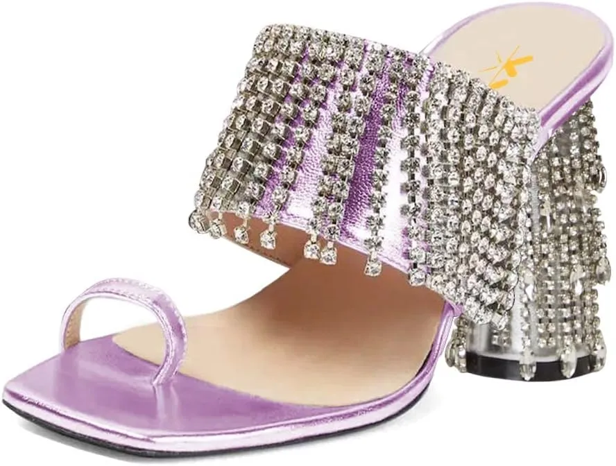 XYD Women Open Toe Rhinestones Tassels Slip On Mule Sandals High Chunky Heel Backless Slide Slippers Evening Party Event Dress Shoes