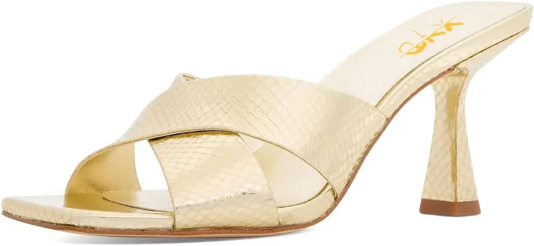 XYD Women Square Open Toe Mule Heels Crossover Strap Metallic Leather Slip On Summer Slides Party Event Shoes