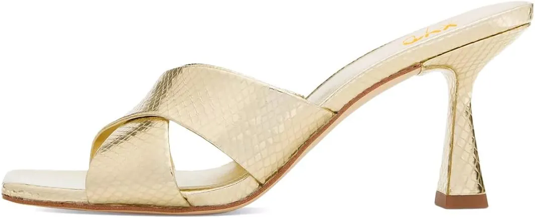 XYD Women Square Open Toe Mule Heels Crossover Strap Metallic Leather Slip On Summer Slides Party Event Shoes