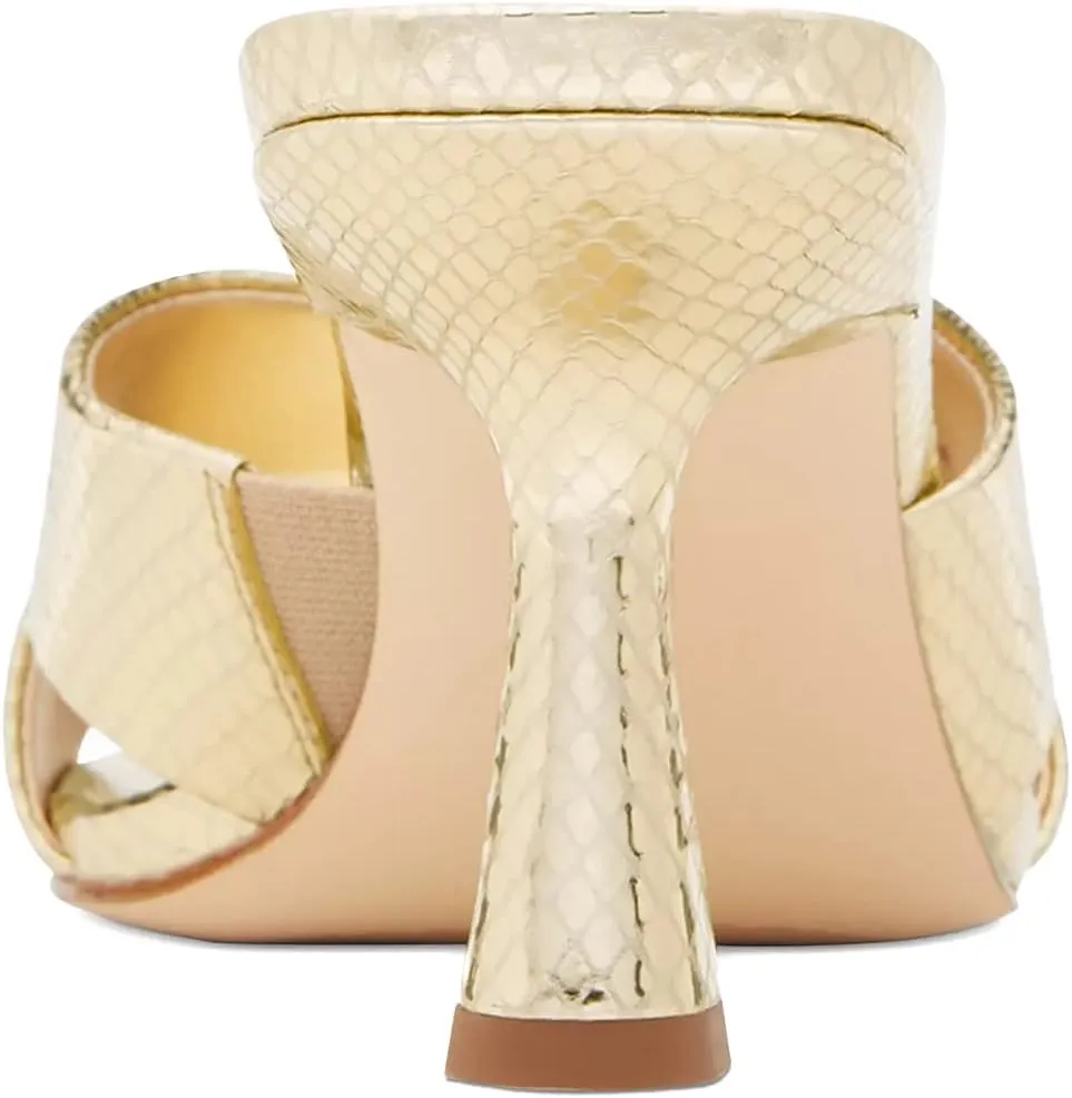 XYD Women Square Open Toe Mule Heels Crossover Strap Metallic Leather Slip On Summer Slides Party Event Shoes