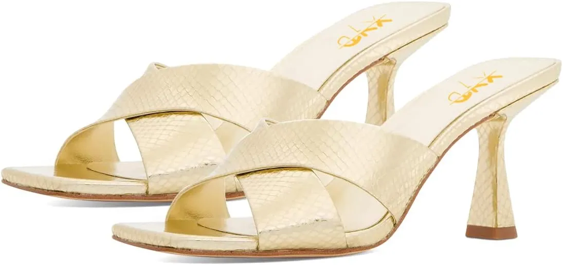 XYD Women Square Open Toe Mule Heels Crossover Strap Metallic Leather Slip On Summer Slides Party Event Shoes