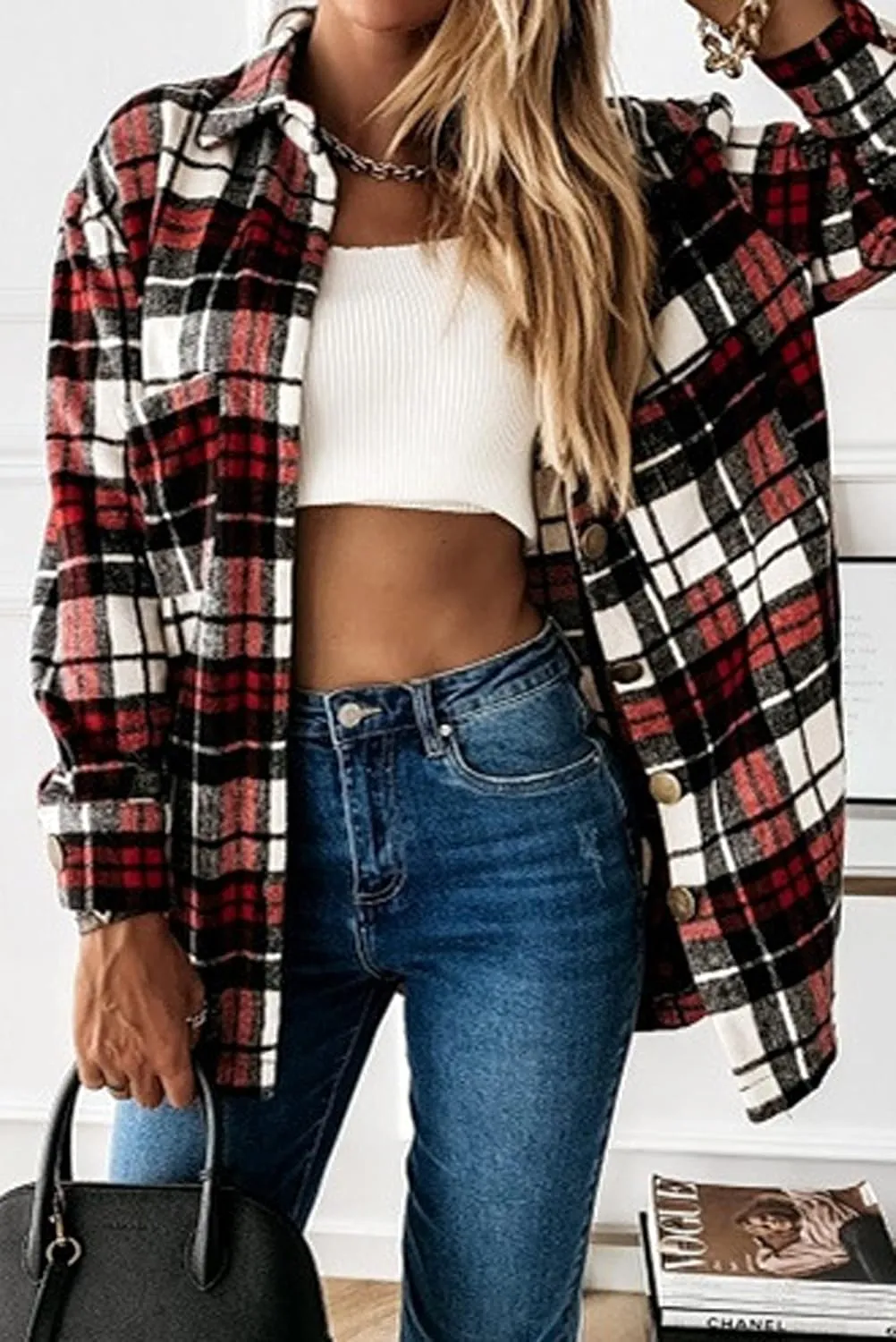 YOCUR Womens Flannel Shirts Plaid Button Down Shirt Casual Lapel Long Sleeve Outwear Warm Fall Winter Blouses