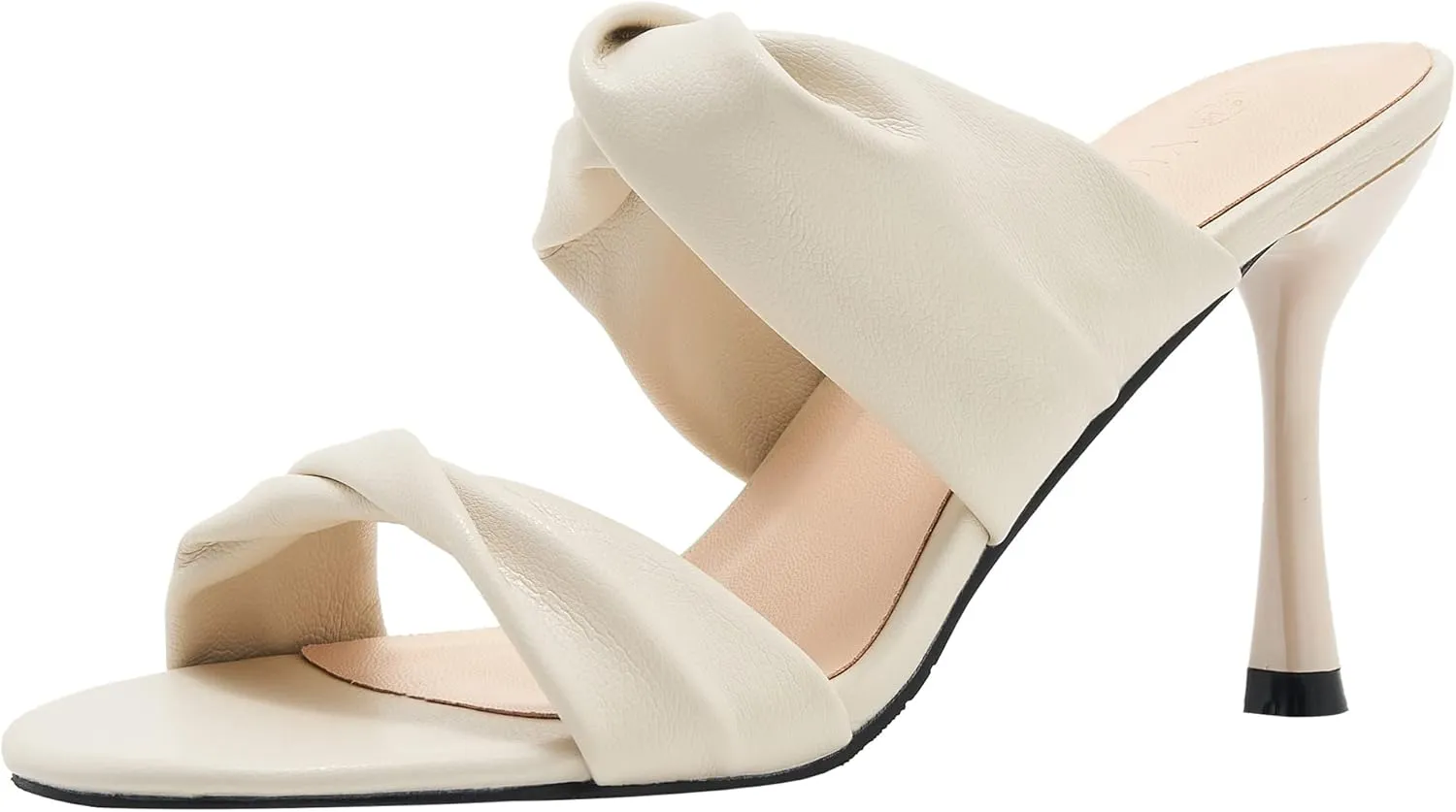 YooPrettyz Women Two Straps Heeled Sandals Easy Slide Square Toe Heeled Sandals Twisted Leather Slip On Shoes