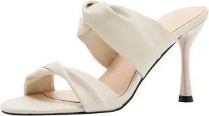 YooPrettyz Women Two Straps Heeled Sandals Easy Slide Square Toe Heeled Sandals Twisted Leather Slip On Shoes