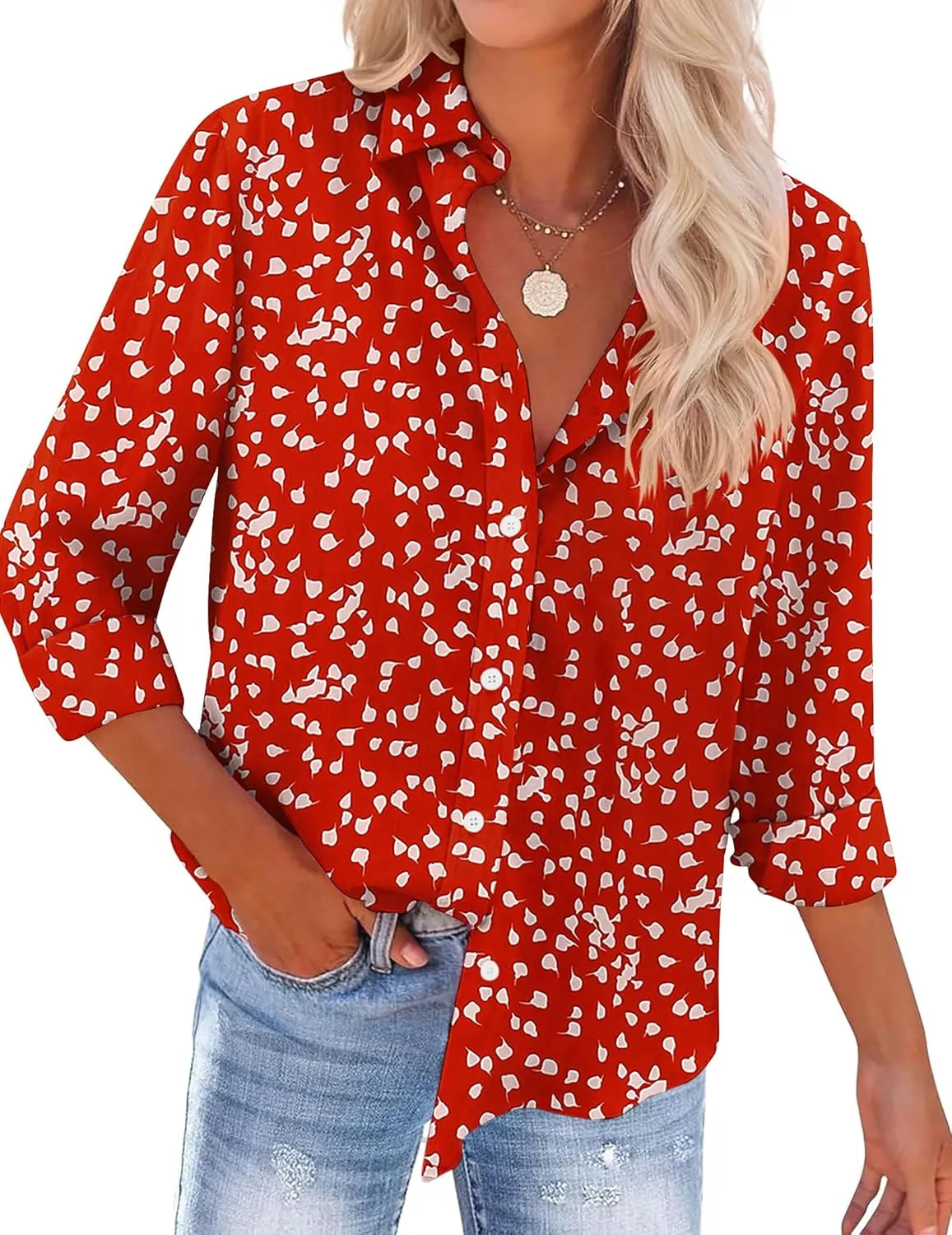 Zeagoo Womens Cotton Button Down Shirts Long Sleeve V Neck Collared Tops Work Office Blouse Shirt 2025 S-XXL