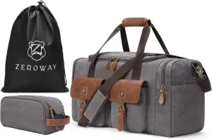 Zeroway Canvas Travel Duffel Bag with Toiletry Dopp Kit and Laundry Bag, Leather Weekender Overnight bag Luggage Carry-On Bag with Shoe Pouch for Men or Women Grey