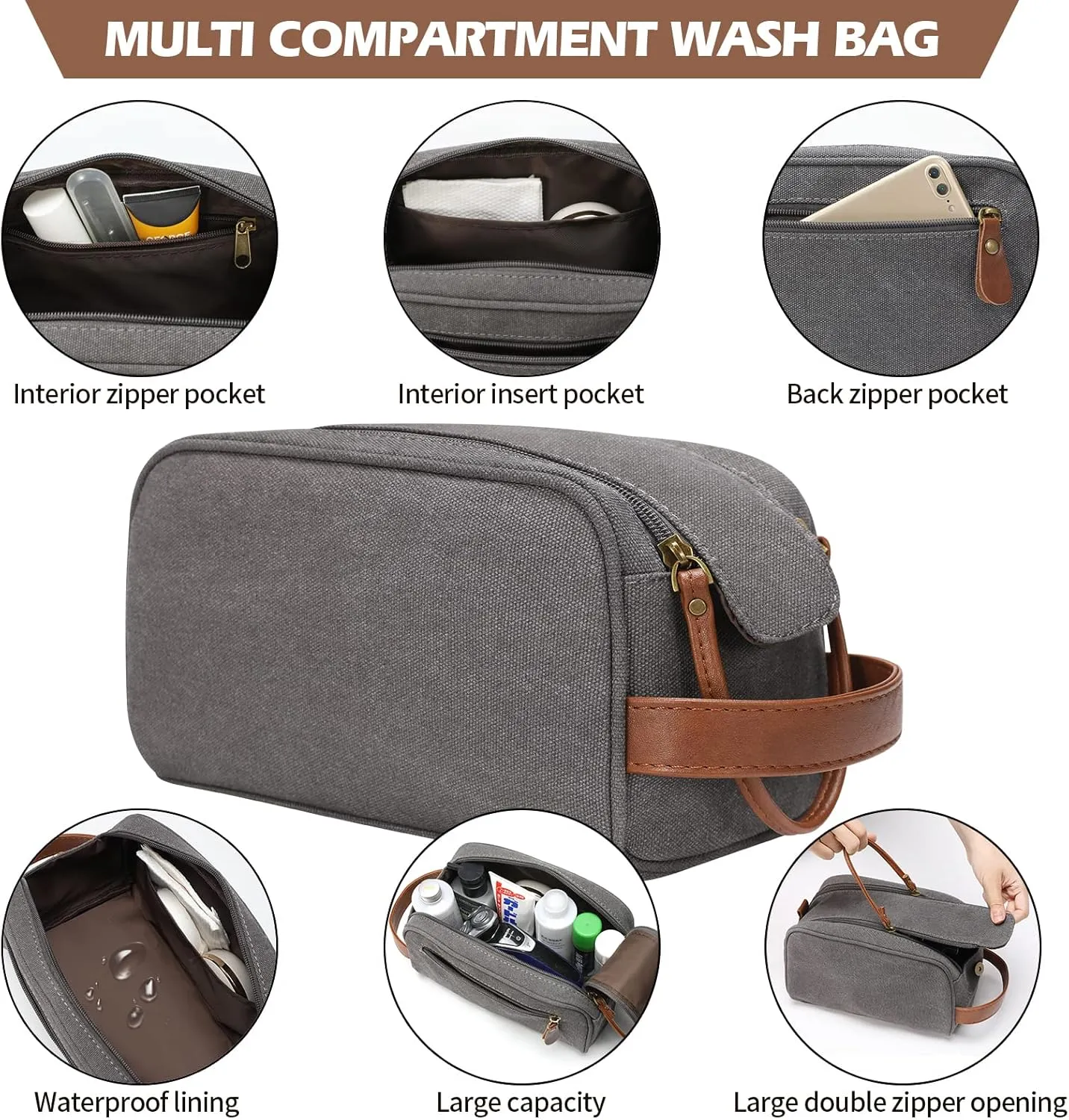 Zeroway Canvas Travel Duffel Bag with Toiletry Dopp Kit and Laundry Bag, Leather Weekender Overnight bag Luggage Carry-On Bag with Shoe Pouch for Men or Women Grey