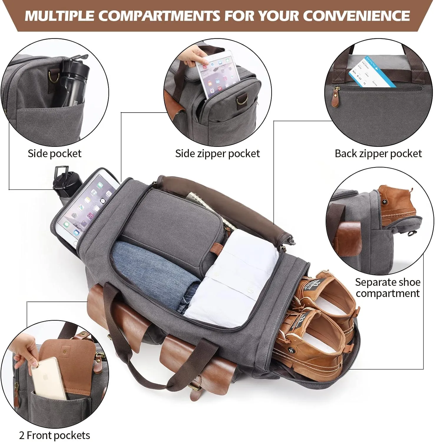 Zeroway Canvas Travel Duffel Bag with Toiletry Dopp Kit and Laundry Bag, Leather Weekender Overnight bag Luggage Carry-On Bag with Shoe Pouch for Men or Women Grey