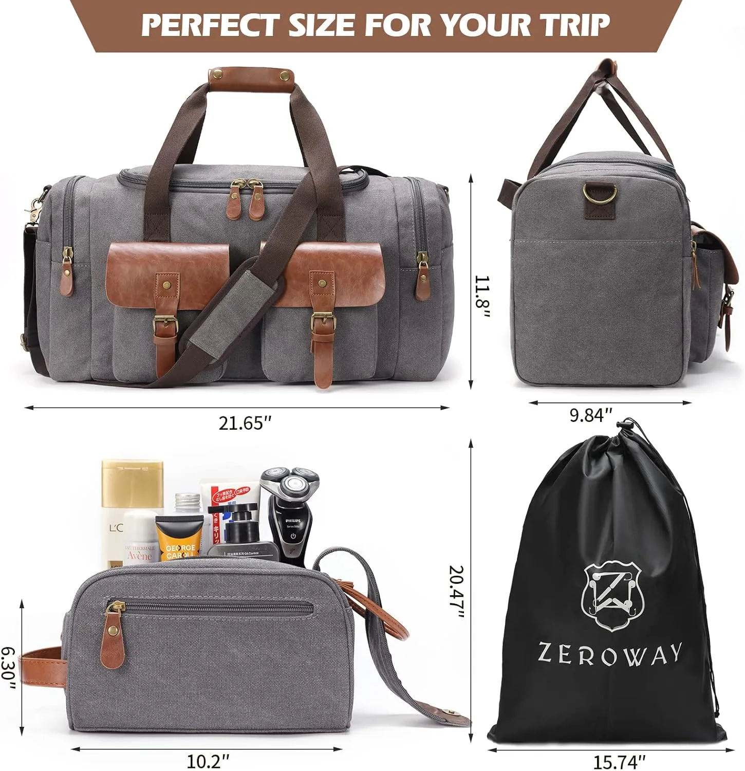 Zeroway Canvas Travel Duffel Bag with Toiletry Dopp Kit and Laundry Bag, Leather Weekender Overnight bag Luggage Carry-On Bag with Shoe Pouch for Men or Women Grey
