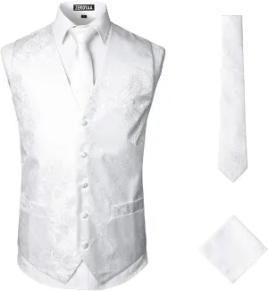 ZEROYAA Mens Classic 3pc Jacquard Paisley Vest Set Necktie Pocket Square Waistcoat for Suit or Tuxedo