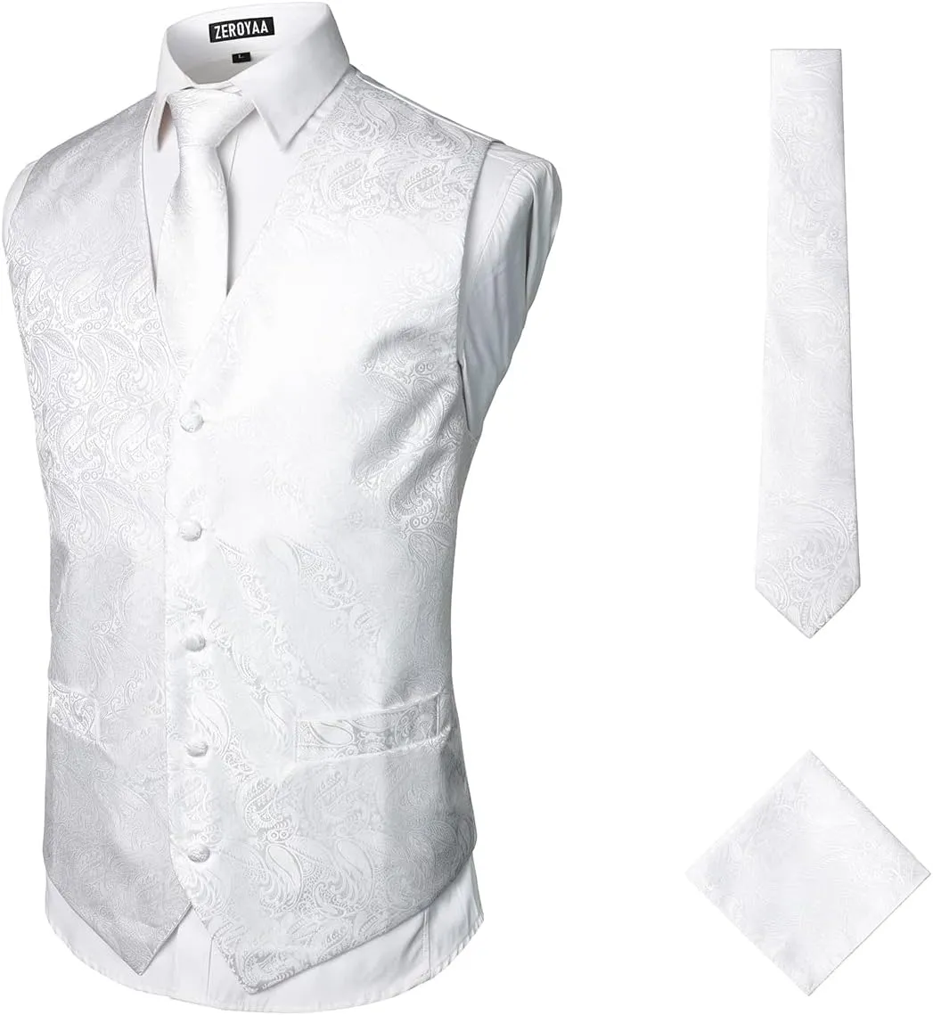 ZEROYAA Mens Classic 3pc Jacquard Paisley Vest Set Necktie Pocket Square Waistcoat for Suit or Tuxedo