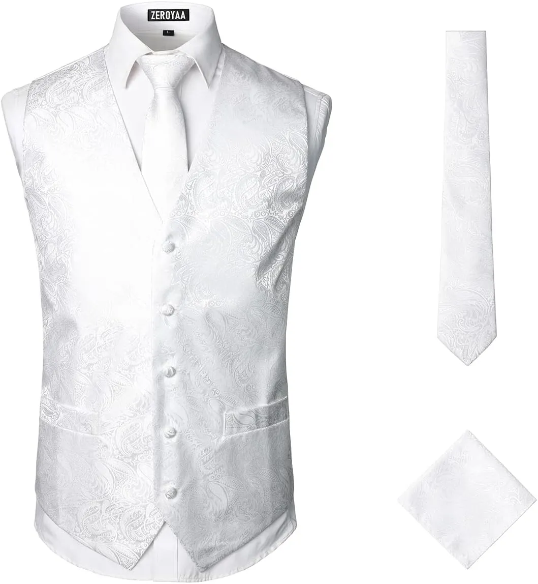 ZEROYAA Mens Classic 3pc Jacquard Paisley Vest Set Necktie Pocket Square Waistcoat for Suit or Tuxedo
